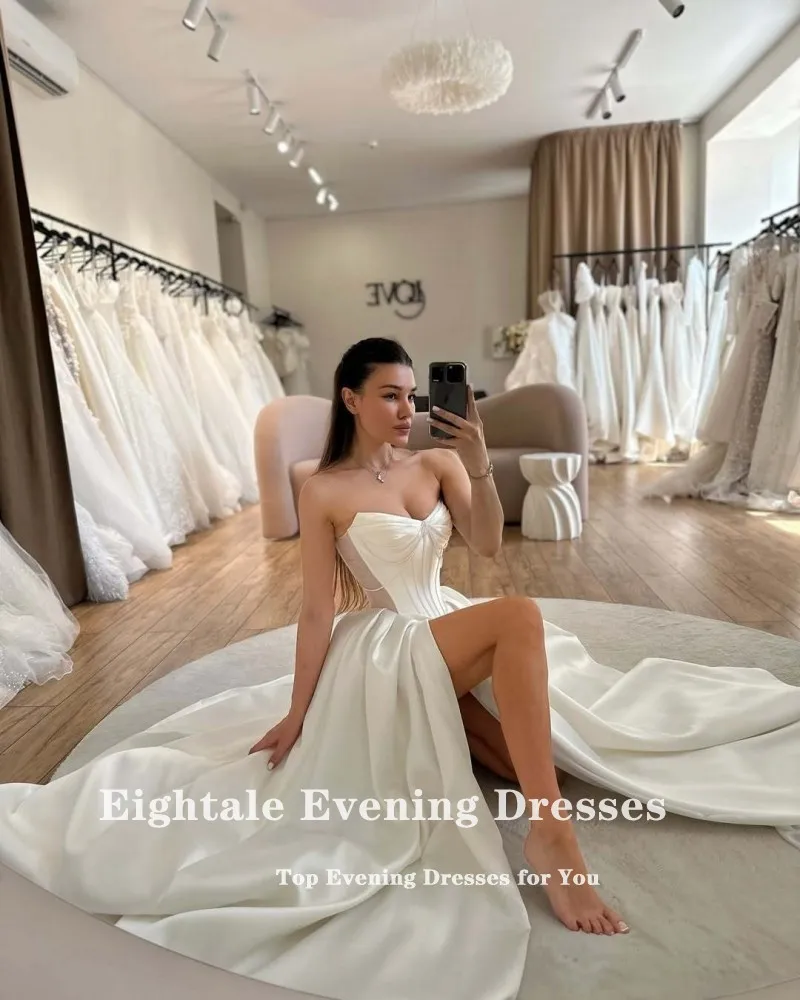 Eightale คําชุดแต่งงานที่กําหนดเอง Sweetheart ลูกปัดงาช้างซาติน High Side Slit A-Line ชุดเจ้าสาว Vestidos De Novia