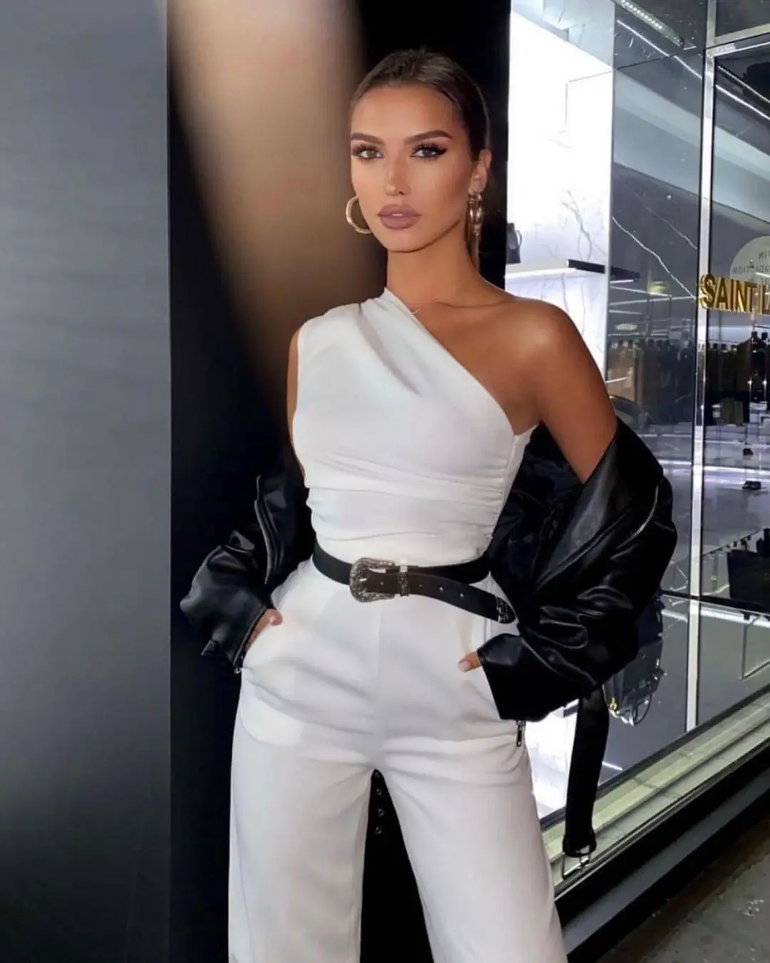 

Модный комбинезон на одно плечо с прямыми штанинами, высокой талией, молнией, в уличном стиле, повседневный, сексуальный, из полиэстера, для женщин