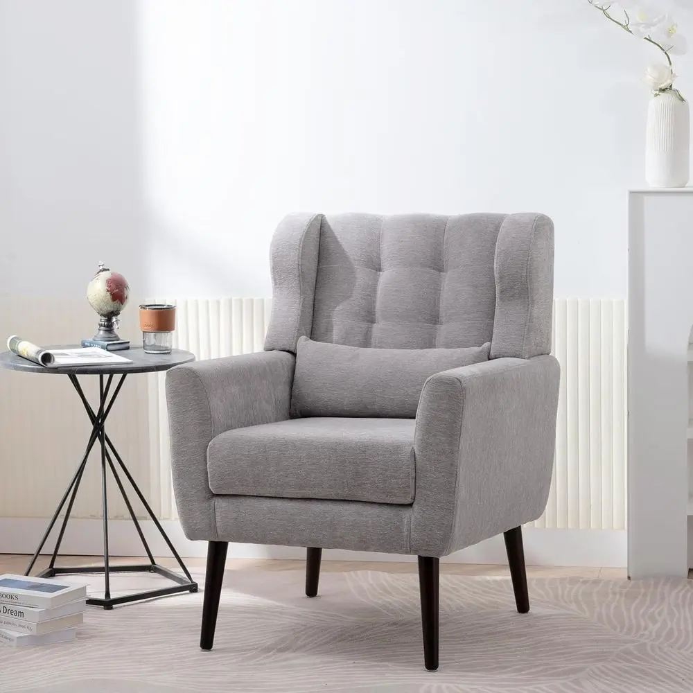 Poltrona Decorativa, Cadeira Confortável Estofada para Sala de Estar com Encosto Alto e Almofada, Poltrona de Leitura Wingback com Estrutura de Madeira Maciça