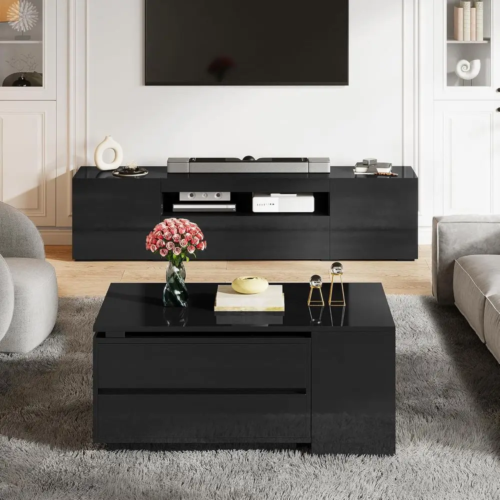 طاولة قهوة حديثة مستطيلة LED مع 4 أدراج، تخزين قابل للتمديد، أرفف مفتوحة، سطح منزلق، 35-61 لغرفة المعيشة/المنزل #5