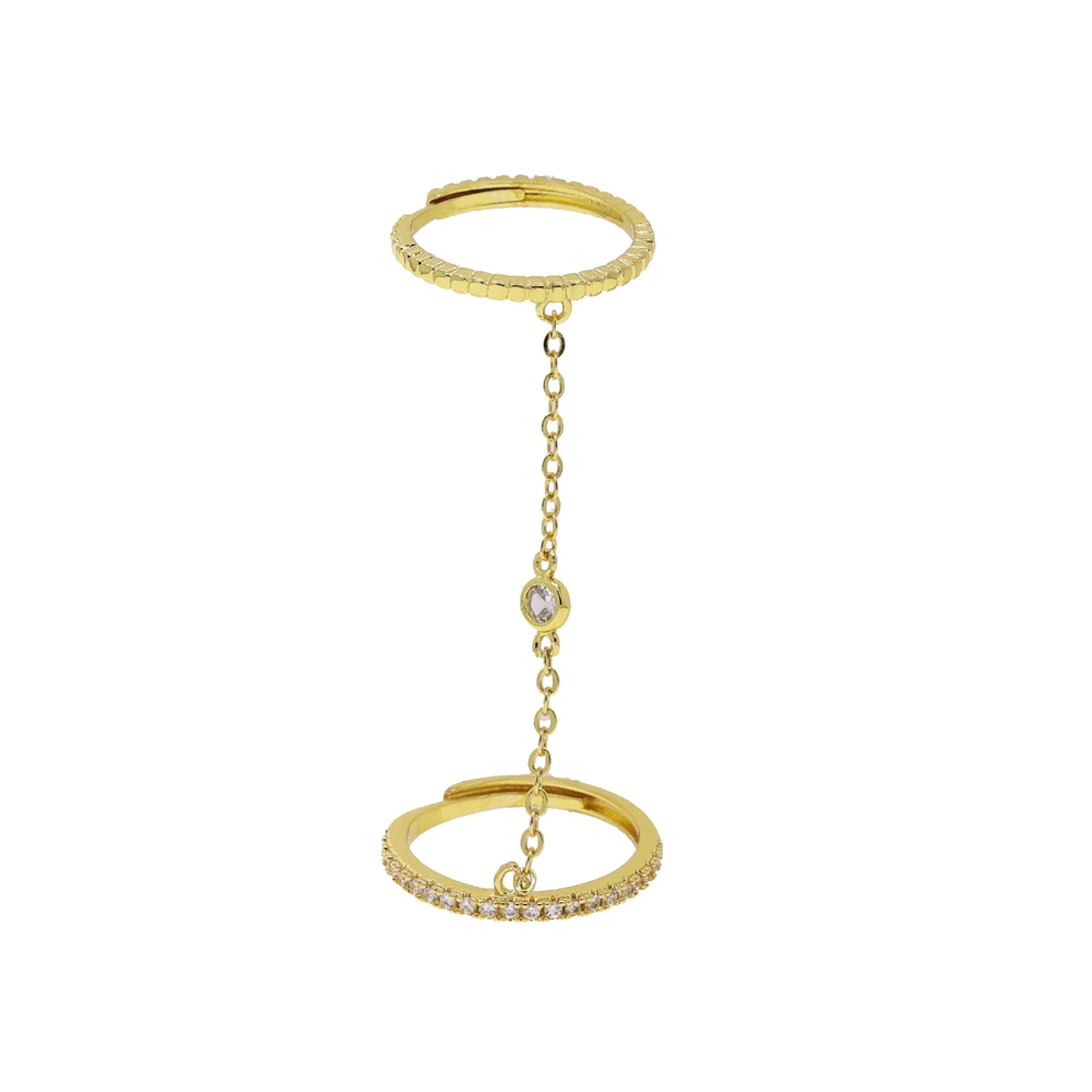 Iced Out Double Finger Chain Ring Gold Color Plated Paved Cubic Zircon Ring for Women Fashion Party Jewelry