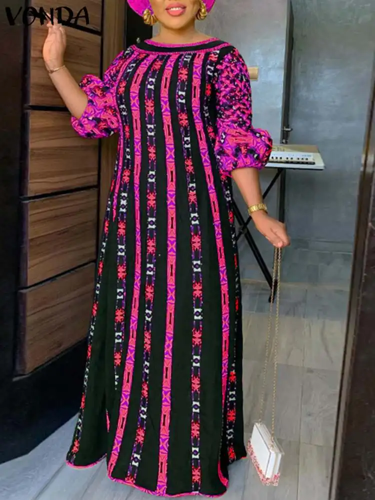 Plus Size 5XL VONDA Autumn Women Long Maxi Sundress O-Neck Printed Casual Bohemian Robe Female Lantern Sleeve Party Vestido