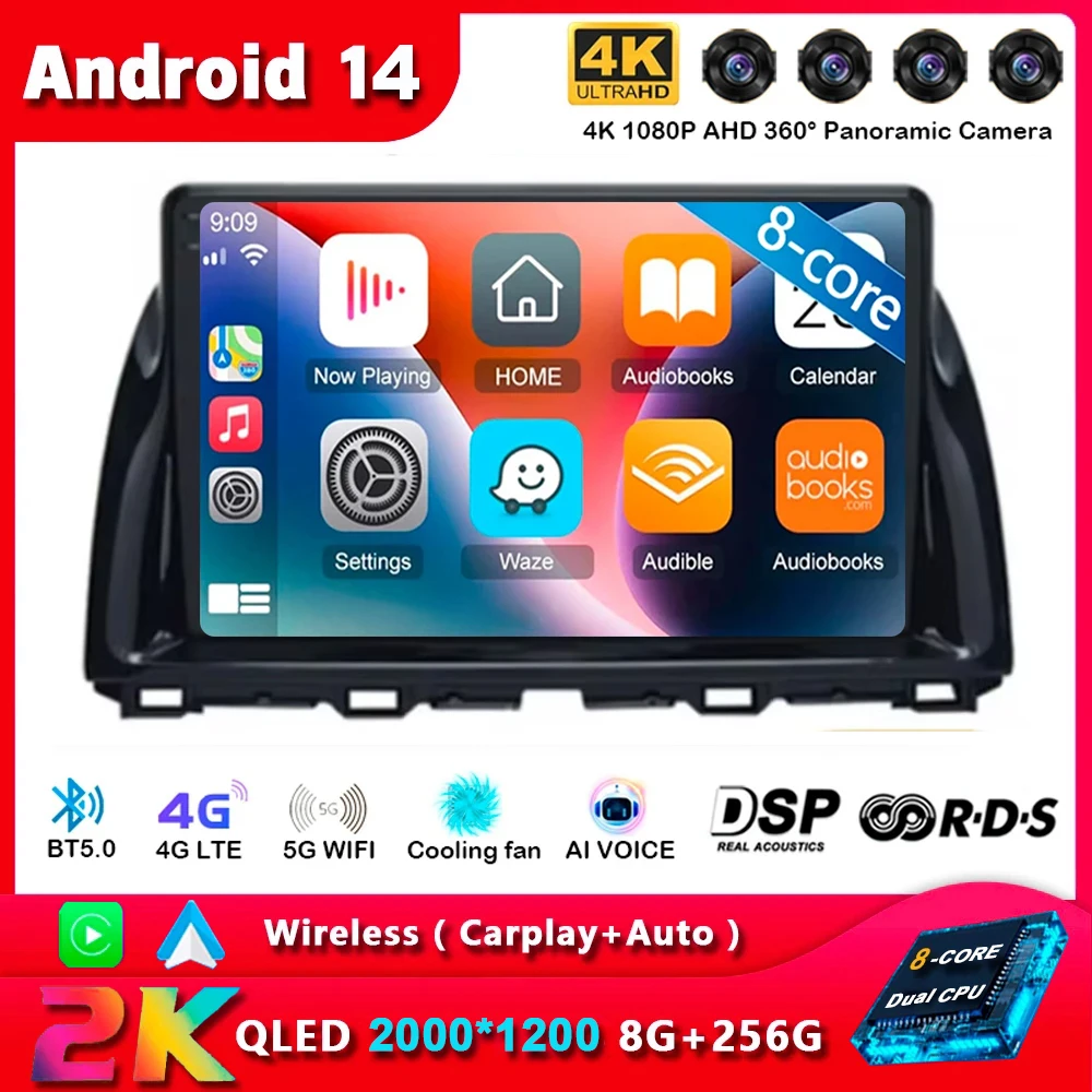 Radio samochodowe Android 14 Odtwarzacz multimedialny 2 DIN Dla Mazda CX5 CX-5 CX 5 2012 2013 2014 2015 WIFI + 4G Jednostka główna GPS Carplay Auto