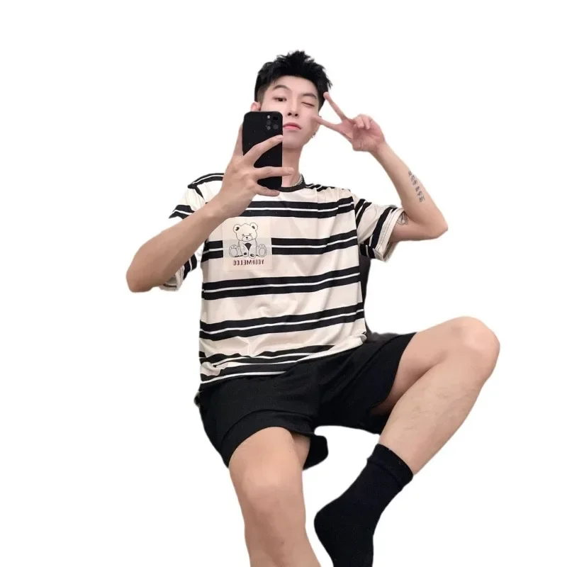الرجال منامة الصيف قصيرة الأكمام السراويل في سن المراهقة موضة حجم كبير س الرقبة مخطط البلوز ملابس خاصة المتسكعون 2 قطعة مجموعة ملابس النوم