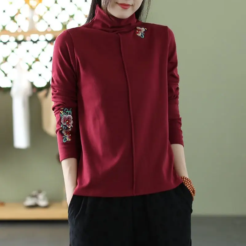 High Neck Embroidered Base Shirt Ethnic Style Retro Style Worn Outside Double-sided German Velvet Base Shirt Long Sleeved Top