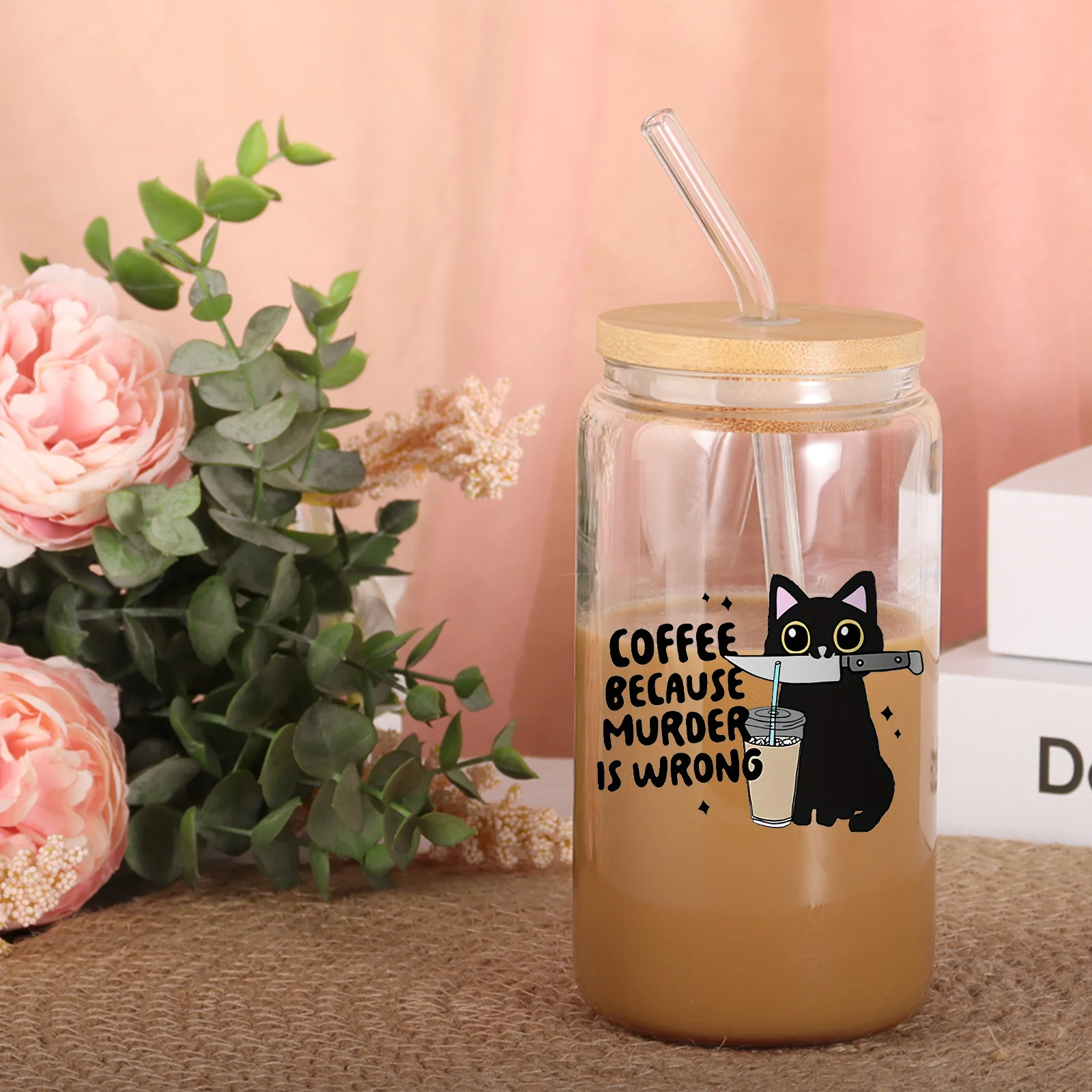 13.5oz/18.6oz Cat Glass Cups with Straws and Bamboo Lids Kitten Letter Beverage Pattern for Kitchen Home Decor Cat Lovers Gifts