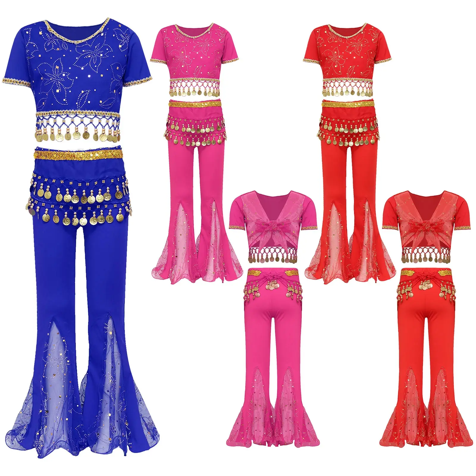 Girls Belly Dance Costume Sequin Indian Dance Outfits Lace-up Crop Top Flared Pants Waist Halloween Cosplay Shows Mardi Gras Set