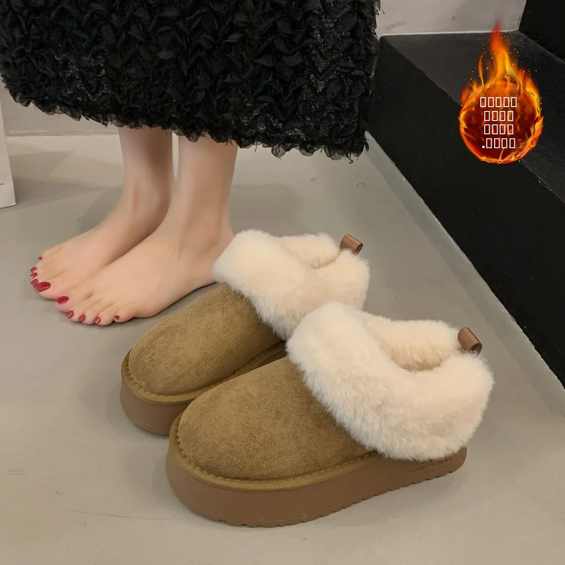 

Low-Top Thi-Heeled Snow Boots Women's Slippers Fur-Cuffed Slip-On Winter Slipper Cotton Lined Retro Sle Indoor Outdoor
