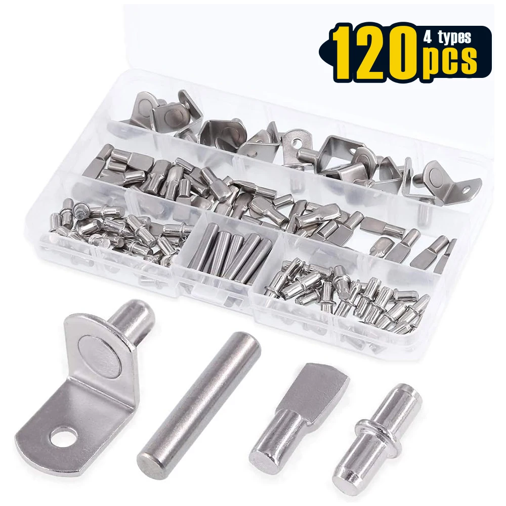 Kit de 120 Piezas de Soportes para Estantes en 4 Estilos, Pasadores Niquelados para Gabinetes, Soportes para Muebles, para Orificios de Estantes en Gabinetes
