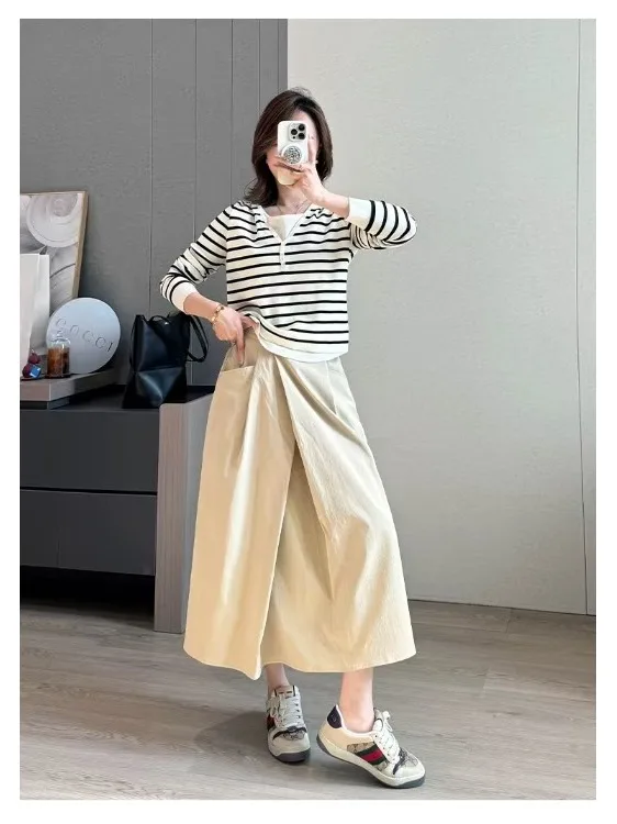 

Юбка-миди трапециевидной формы с высокой талией, женская свободная плиссированная весенняя новая корейская юбка однотонного цвета для поездок на работу
