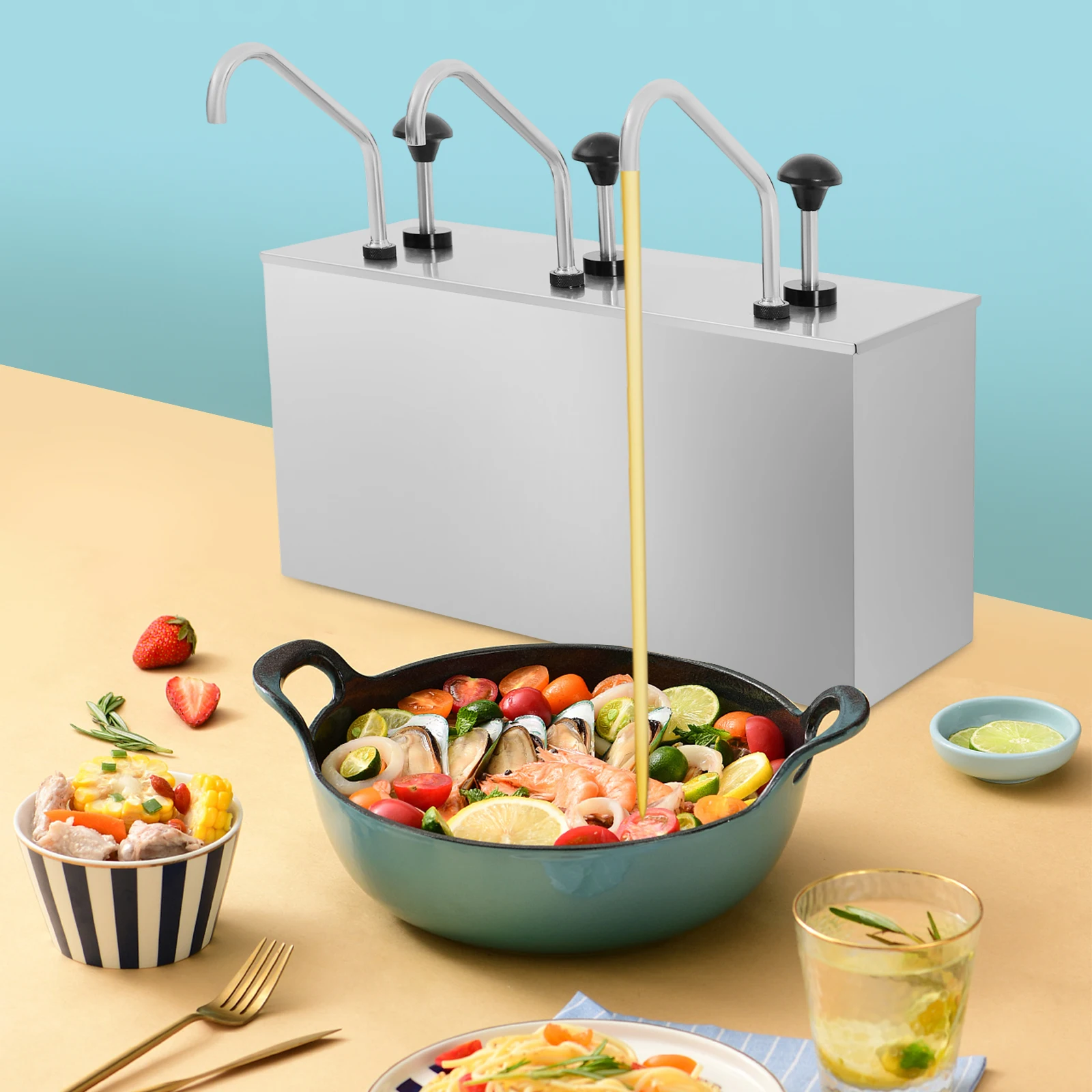Rechteckiger Tischspender aus Edelstahl mit 3 Pumpköpfen für Sojasoße, 3x4L, für Küche, dünne Soßen und Gewürze – Detail 3