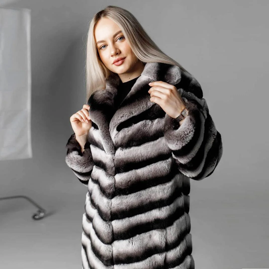 Sobretudo natural Rex Rabbit Fur para mulheres, Casaco grosso longo e quente, Roupas de pele genuína, Moda inverno