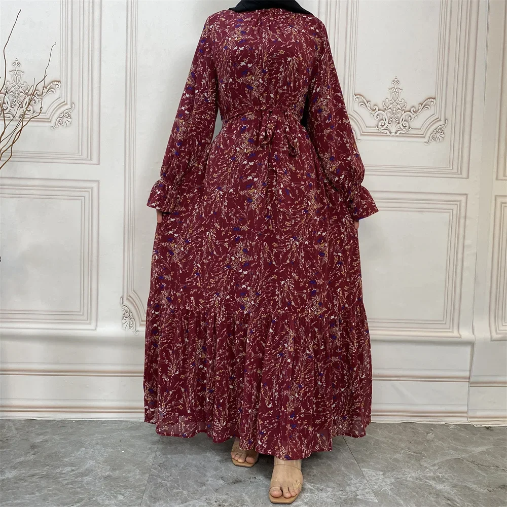 

Spring Summer Dress Chiffon Dress for Womne Casual Floral Printed Lace-up Muslim Dress Women O-neck Long Sleeve Loose Maxi Robes