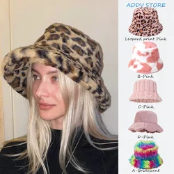 INS autunno e inverno modello di stampa leopardata cappello da pescatore in pile da donna con stampa di mucca spessa cappello da vaso moda Versatile berretti da bombetta