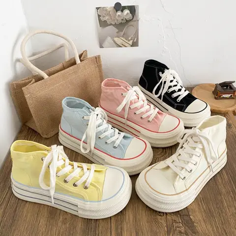 Women's Dopamine Colorful High Top Platform Canvas Sneakers Round Toe Lace Up Casual Chunky Shoes Spring Summer 2026