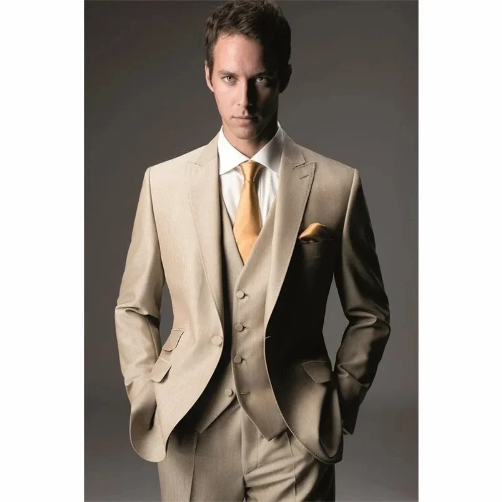 

3 Piece Handsome Slim Men Suits Wedding Blazer Single Breasted Peak Lapel Chic Business Full Jacket Pants Vest Set