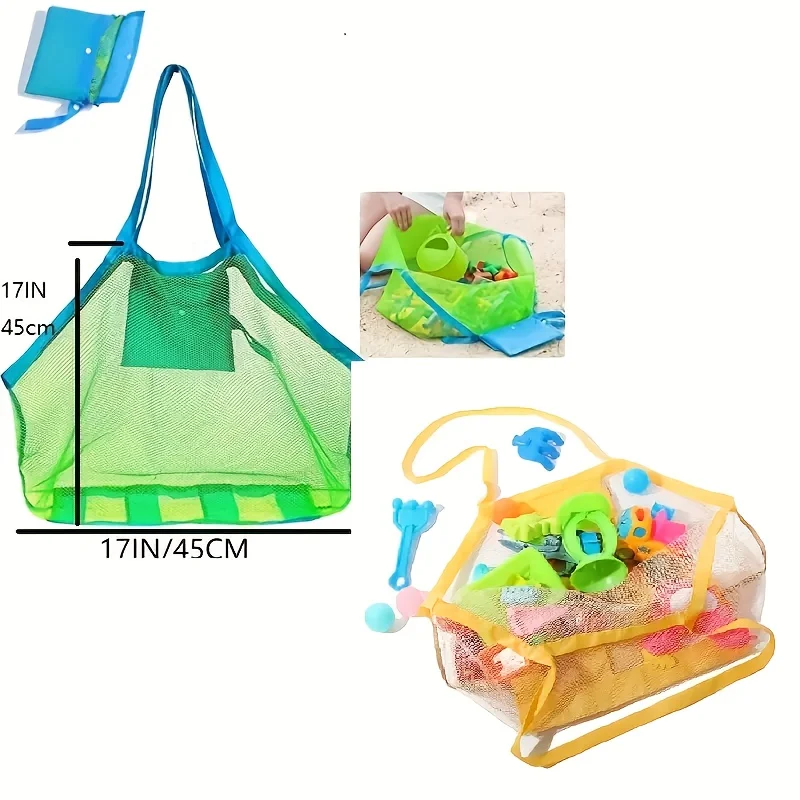 Youngsters' Large Mesh Beach Toy Bag with Blue and Green Side Pockets - Durable Seashell Collecting Tote for Sand Toys, Swimming