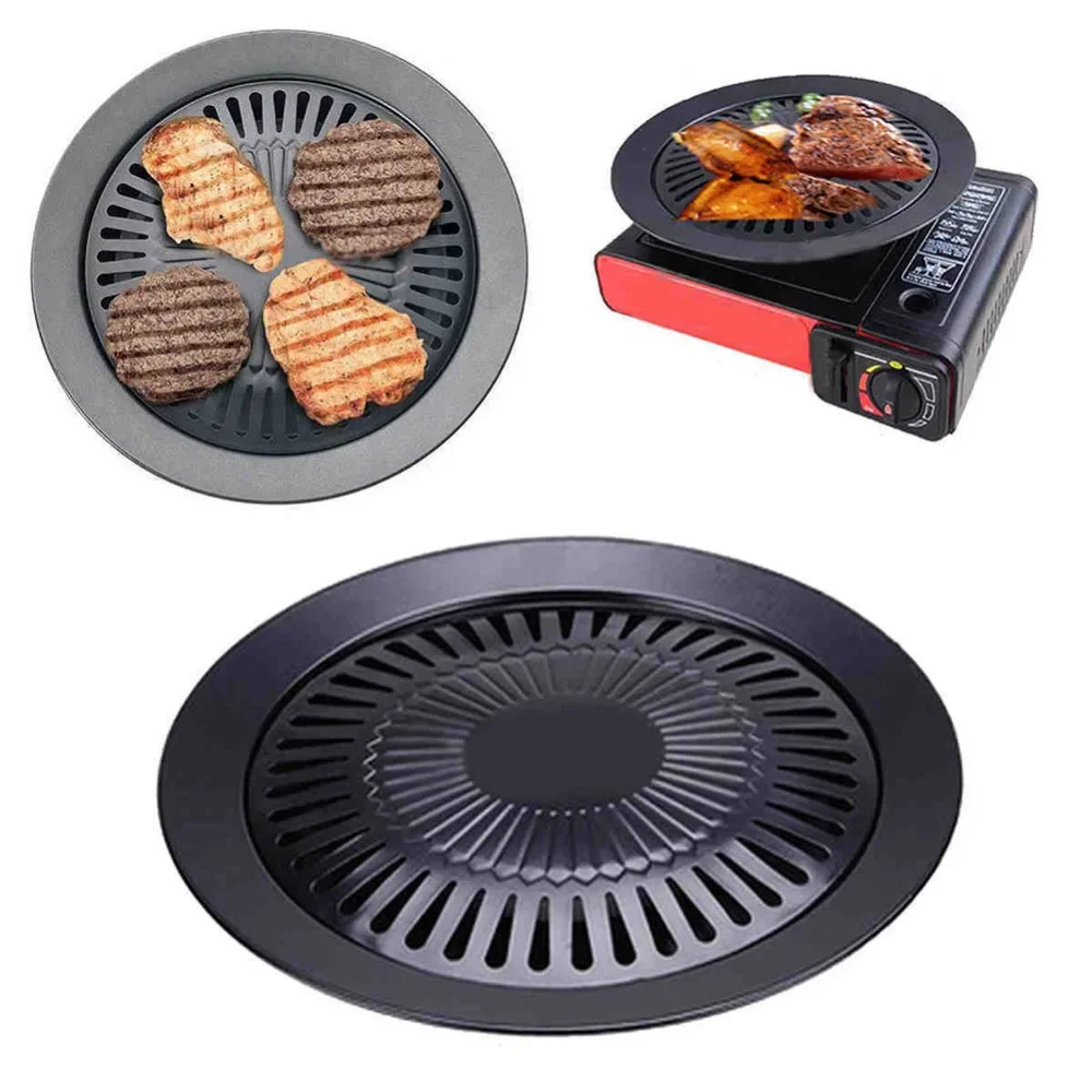 Round Smokeless Barbecue Baking Pan Barbecue Grill with Brush Non-Stick Barbecue Pan Roasting Tray Kitchen BBQ Cooking Tools