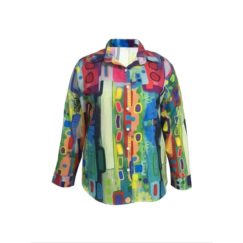 Camisas femininas plus size 1XL-5XL com gráfico geométrico elegante casual camisa de manga comprida tops