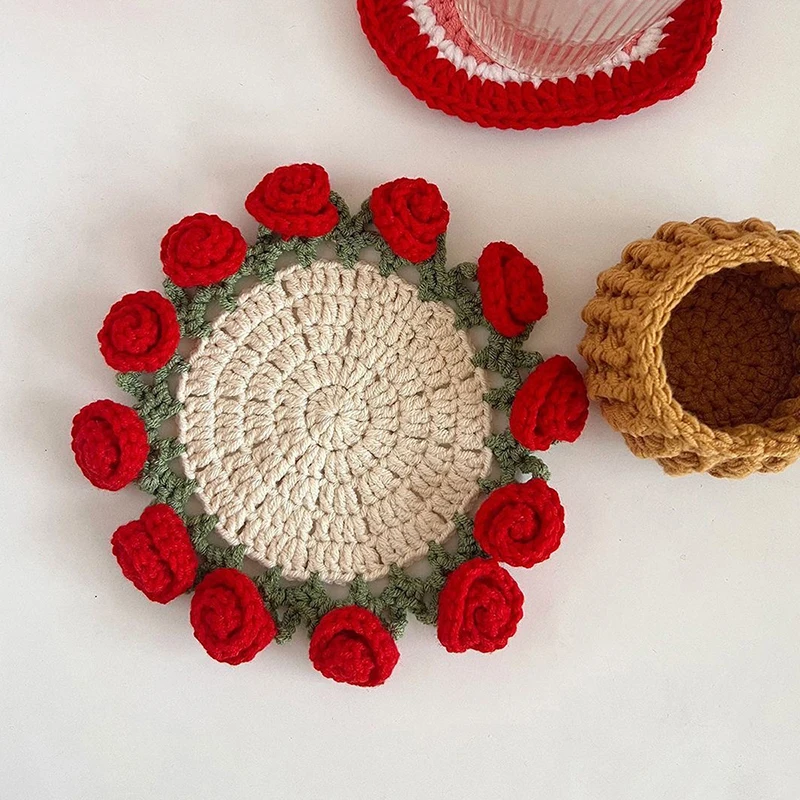 

Rose Bouquet Coaster Crochet Flower Placemat Hand Woven Bouquet Cupmat Home Desktop Potted Plant Ornaments Mother's Day Gift