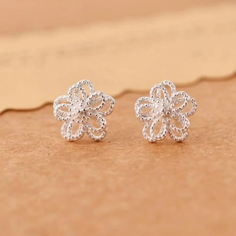 Huitan Metal Silver Color Flower Stud Earrings Double Layer Exquisite Women Earrings Ear Piercing Fancy Gift Trendy Jewelry