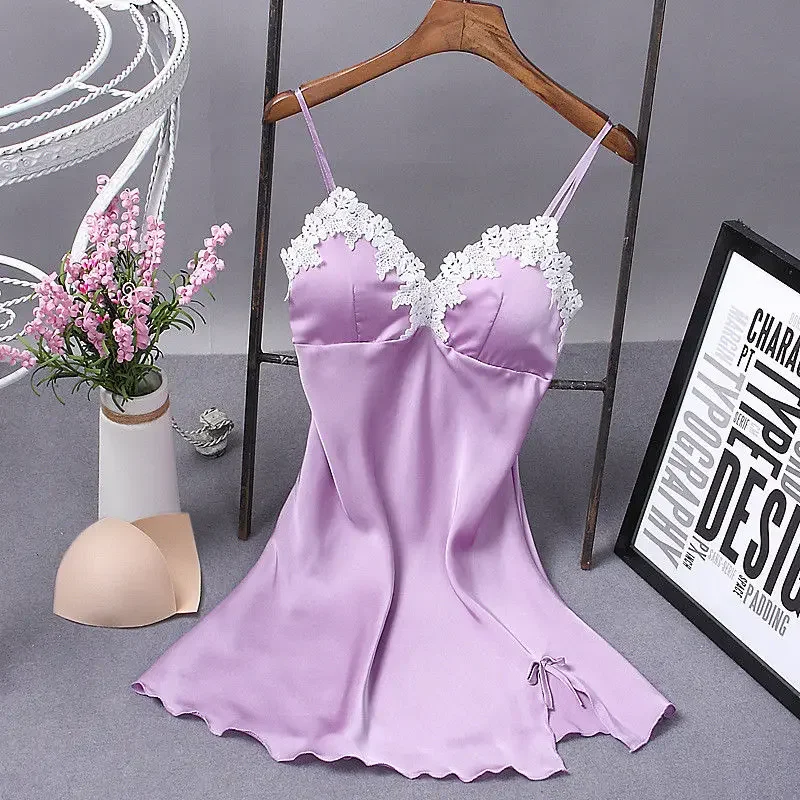 Verão quente feminino seda robe vestido babydoll camisola sólida com decote em v lingerie sexy camisola sleepwear