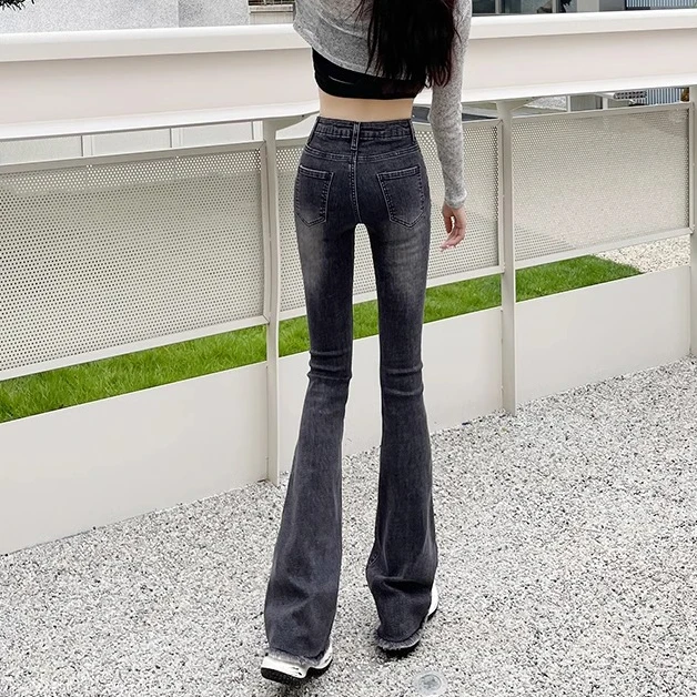 High-waisted micro flare jeans female spring new burlap design versatile elastic tight thin horseshoe pants tide