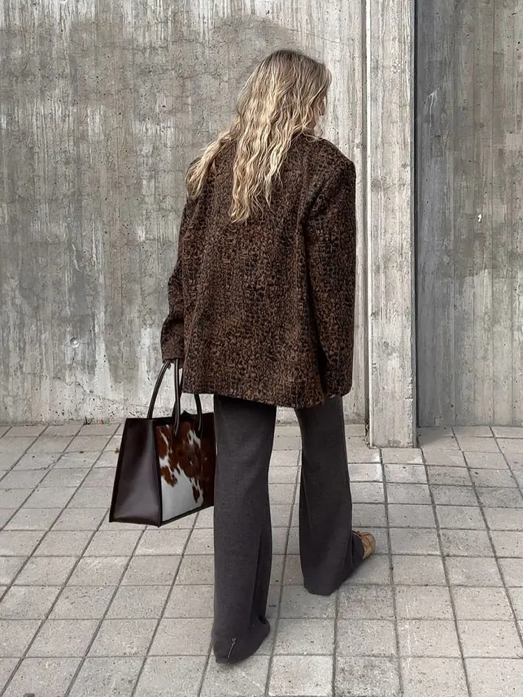 Women Brown Pleated Lapel Suit Jacket Vintage Single Button Long Sleeve Oversized Coats 2024 Autumn Lady Commuting Streetwear