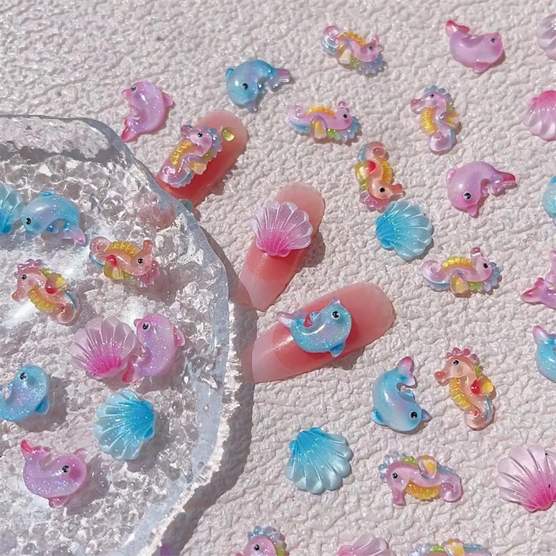 20pcs Sparkling Resin Beach Nail Charms 3D Kawaii Mini Iced Ocean Nail Art Accessories For Manicure Design Decoration DIY Parts