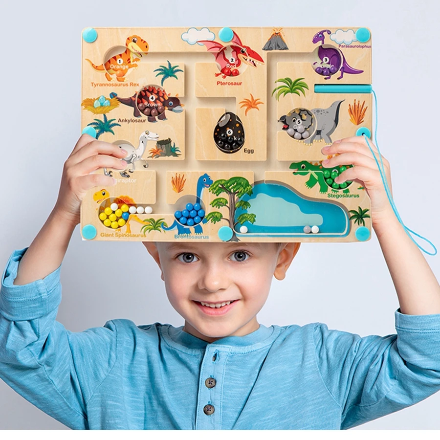 Tablero a juego de colores de estilo dinosaurio con tablero de actividades Montessori magnético, juguetes de cuentas de succión magnética de madera para niños y niñas