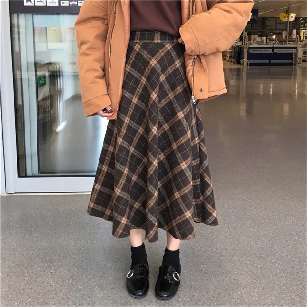 Japanese Rainbow High Waist A-Line Wool Plaid Skirt Female Students Preppy Style Wild Midi Skirt Women Autumn Long Skirt