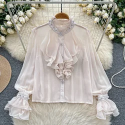 Basics Stand Collar Elegant Ruffles Rhinestone Vintage Long Sleeve Loose Mesh Top French Streetwear High Street Autumn Blouse