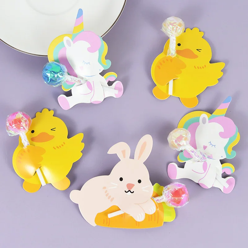 

50pcs Cartoon Rabbit Lollipop Package Cards Cute Bunny Unicorn Chicken Animals Candy Packaging Birthday Gifts Easter Party Decor