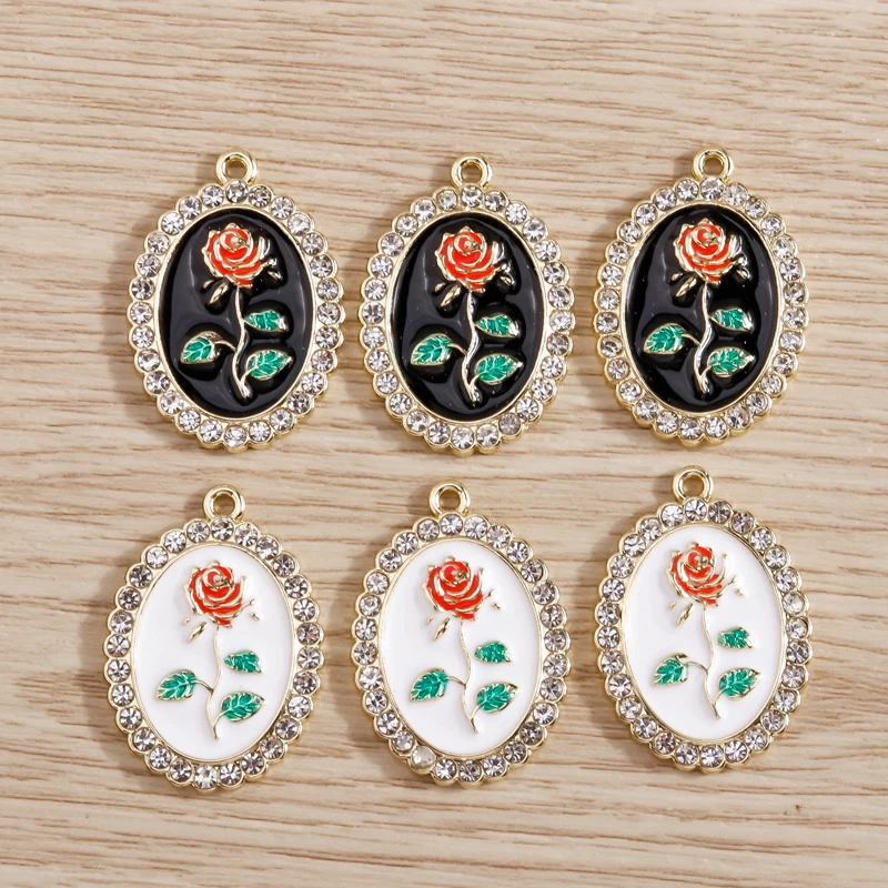 4pcs 18x26mm Cute Crystal Enamel Rose Flower Charms Pendants for Jewelry Making Earrings Necklaces Bracelets DIY Crafts Supplies