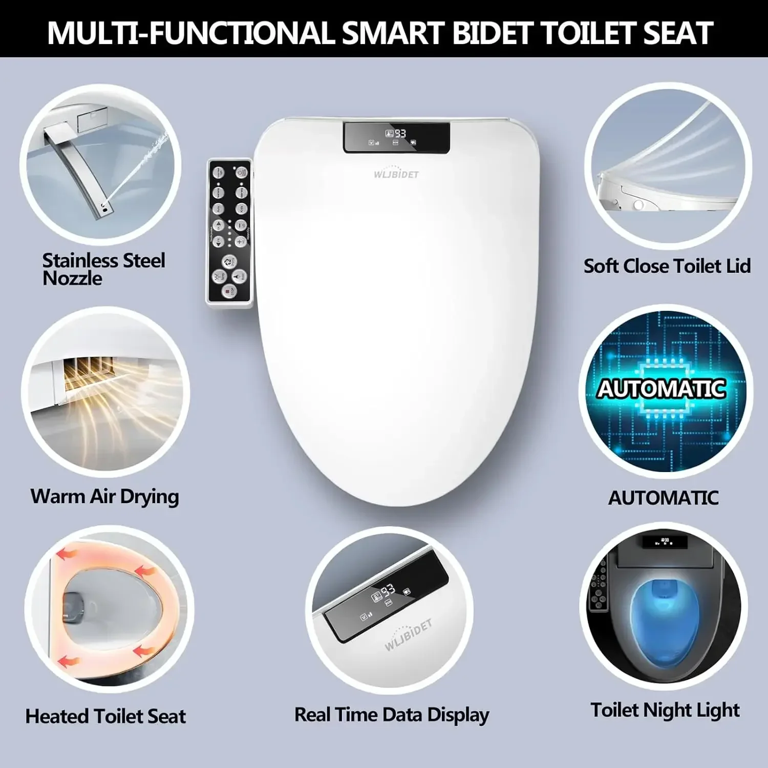 Asiento de inodoro de bidé alargado, asiento de inodoro inteligente con calefacción electrónica con agua calentada ilimitada y secador de aire caliente, ajustable