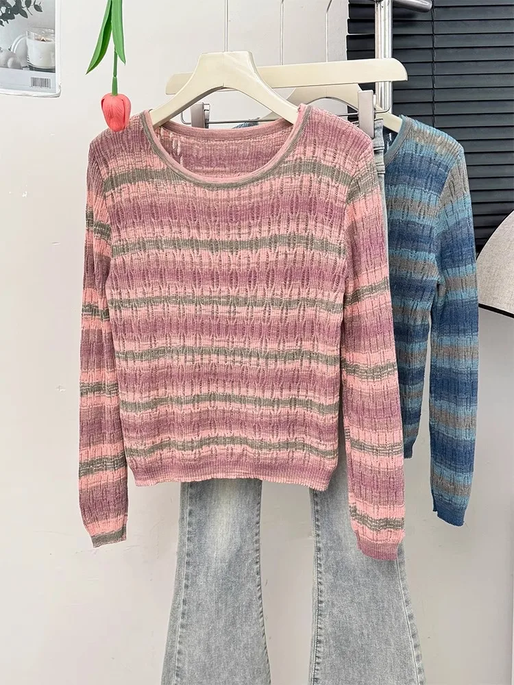 

Dopne Colored Stripe Hollow out Long Sve Knitted Sweater Women's Autumn 2025 Design Sense Breathable Layering Top