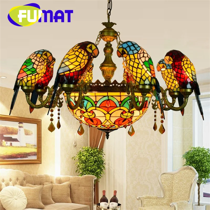 

FUMAT Tiffany style stained glass Luxury Parrot Crystal Chandelier Pendant lamp Living Room Restaurant Hotel LED decor