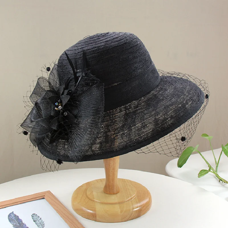 Women's Summer Face Cover Sun-proof Beach Hat Hepburn Retro Net Yarn Flowers Top Hat Dome British Lace Bucket Hat