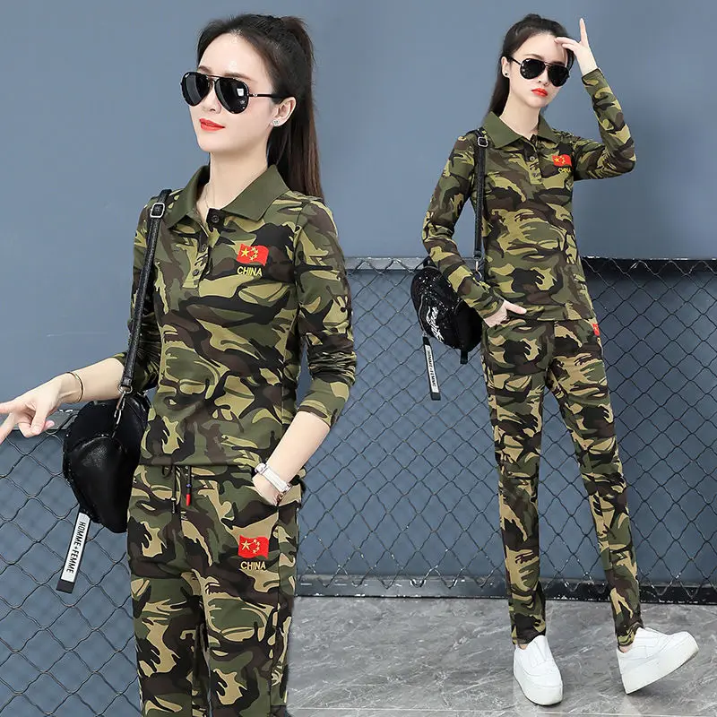 

Camouflage Long Sleeve T-Shirt Women's plus Size Elastic Slim Fit Striped Sailor Dance Uniform Military Green Turn-down Colla...