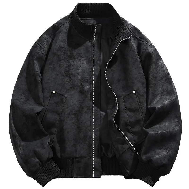 

Retro American PU Leather Patchwork Stand Collar Jaet Loose Casual Outerwear for Men And Women Spring Autumn Winter