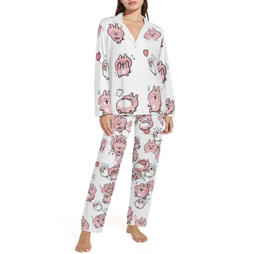 Chiikawa Cotton pajamas set for men and women, long-sleeved strawberry doll print casual pajamasChiikawa