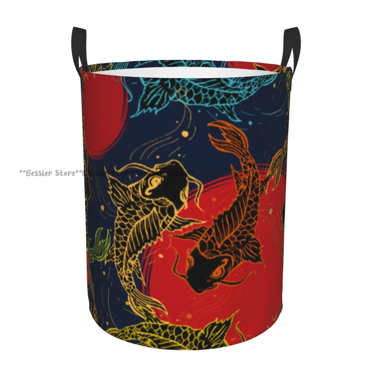 Laundry Basket Koi Carps Round Storage Bin Collapsible Hamper Clothes Bucket Organizer