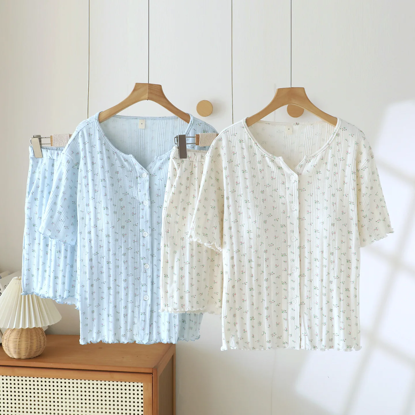 Summer Women's Pajama Print Floral Cotton Round Neck with Chest Cushion Short Sleeve Shorts Thin Home Clothes Two Piece Set