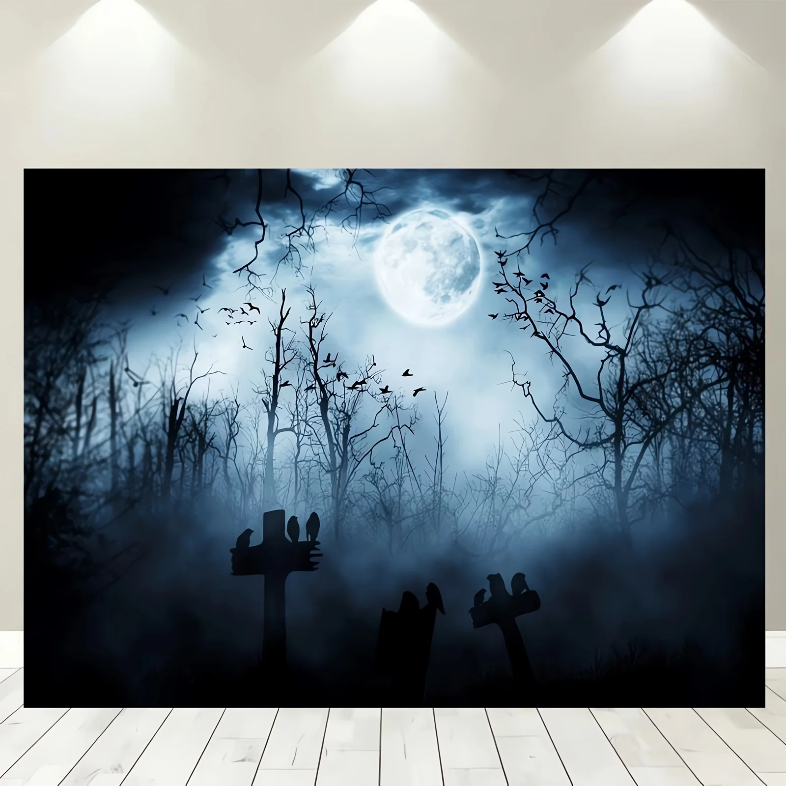 Haunted Bats Flying on Dark Forest Tombstones - Realistic Gothic Photography Background for Ghost Studio Meeting