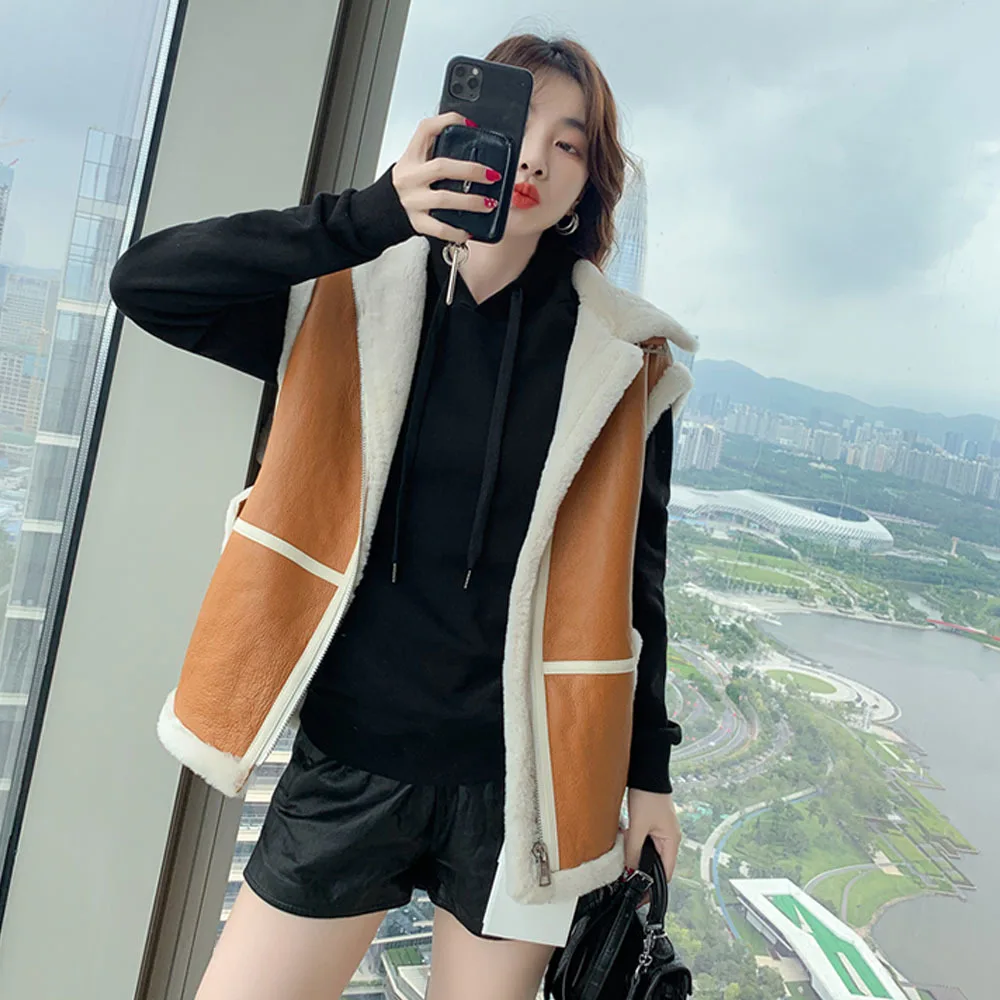 Winter Wool PU Leather Jacket Vest Female Winter Fur Integrated Thick Lamb Korean PU Leather Coat Clothing Fashion Loose