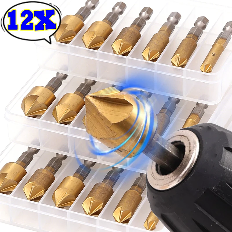 

12/6Pcs Hexagonal Handle Five Edge Chamfering Knife Countersunk Drill 6-19mm for Woodworking Metal Plastic Power Drilling Tools