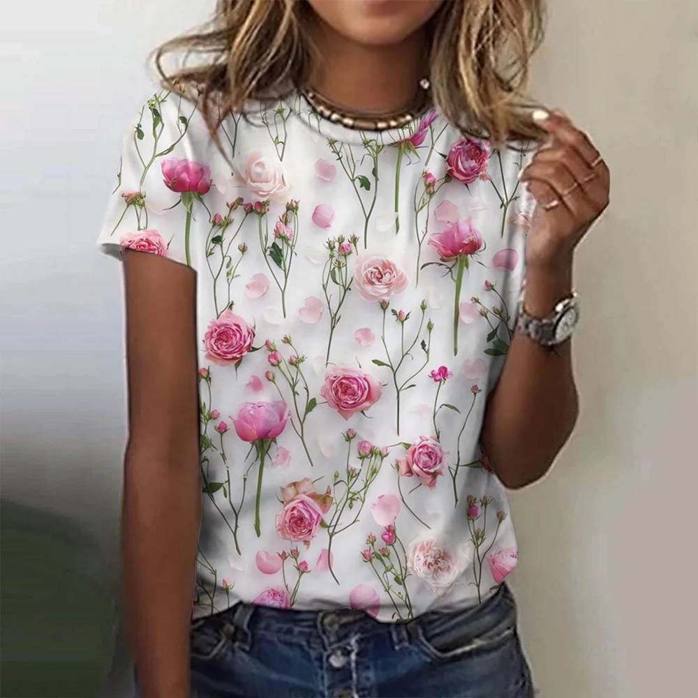 2024 Top Women Flower Printed Women\'s T-Shirt Oversized T-Shirt Popular Clothes Women Clothing Short Sleeve Tee Blouse