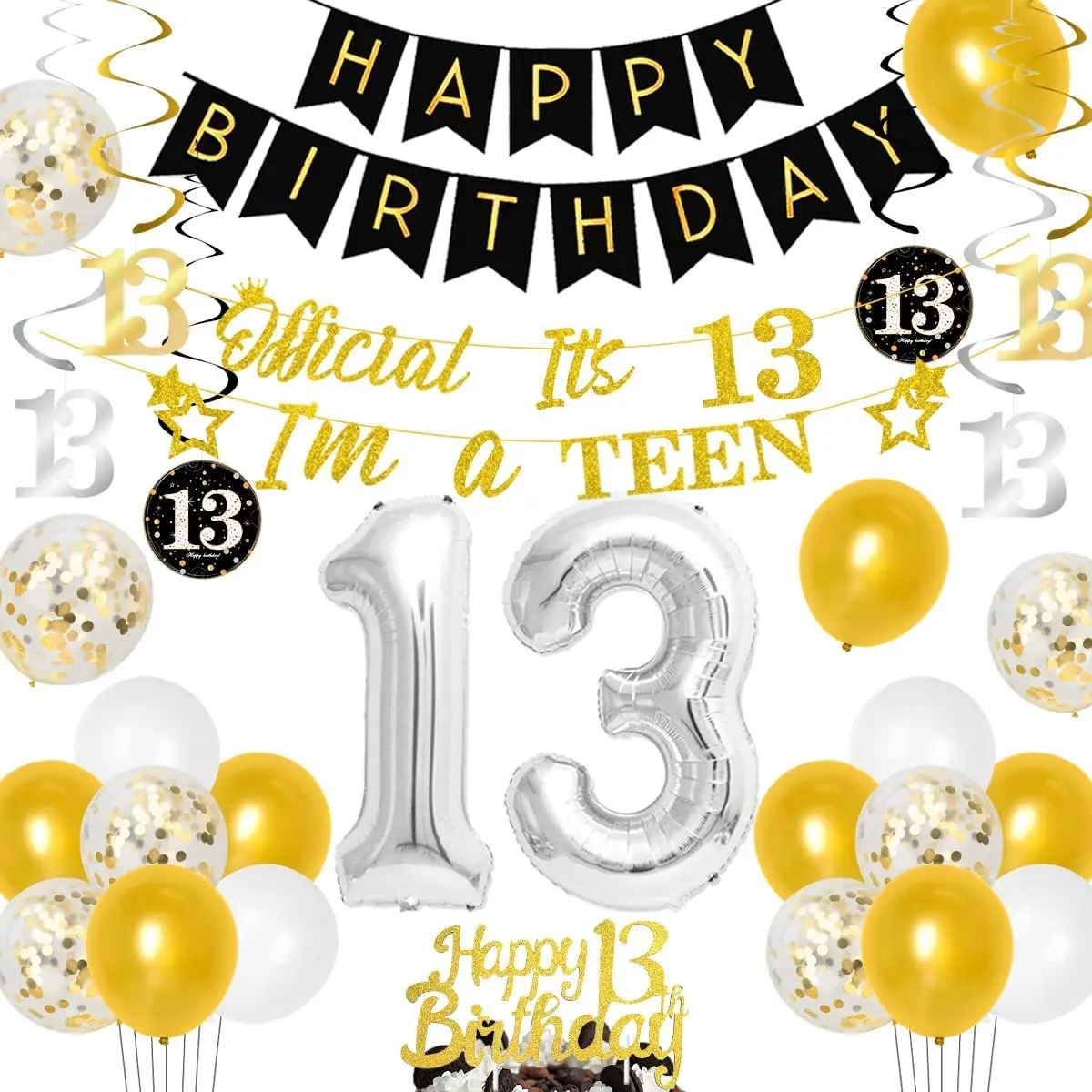 

13th Birthday Decorations for Boys Girls Black Gold 13th Birthday Party Supplies with Banner Hanging Swirl 13 Foil Balloons