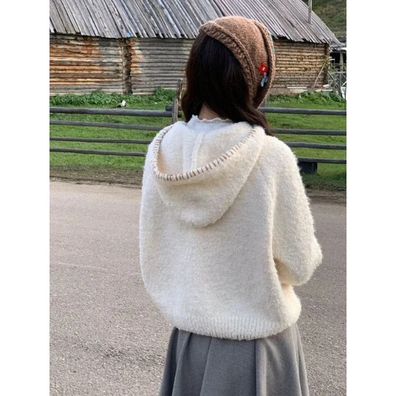 Y2k الجمالية الشارع الشهير الكرتون محبوك مقنعين سترة موضة عادية المرأة سستة معاطف اليابانية الحلو كل مباراة فضفاض القمم