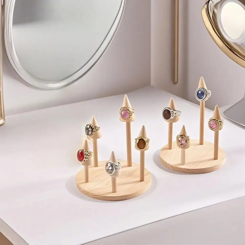 Solid Wood Material Ring Display Stand Smooth Polished Conical Shape Finger Ring Holder Multi Slots Design Ring Display Prop